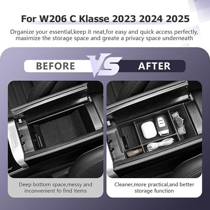 LUWU Center Console Organizer Compatible with 2022-2026 Benz C-Class C300/C300 4Matic/AMG C43/AMG C63 SE Performance W206 Accessories Armrest Console Storage Box Insert Tray ABS Material Black