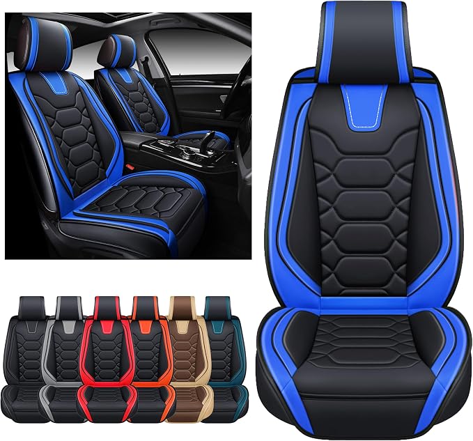 OASIS AUTO Car Seat Covers Front Seats, Sporty Honeycomb Waterproof Faux Leather Protectors, Universal Fit for SUV, Sedan, Truck Interior Accessories (OS-004 Black&Blue)