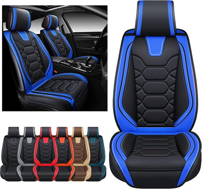 OASIS AUTO Car Seat Covers Front Seats, Sporty Honeycomb Waterproof Faux Leather Protectors, Universal Fit for SUV, Sedan, Truck Interior Accessories (OS-004 Black&Blue)
