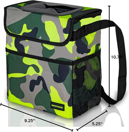 SIBOFUEGO Cute Car Trash Can with Lid – Multipurpose Collapsible Trash Bin for Car, Leak-Proof Organizer, Waterproof Garbage Can with Storage Pockets & Adjustable Straps, 2 Gallons (Camo Green)