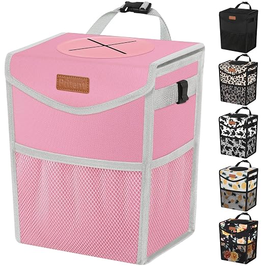 Pritent Car Trash Can with Lid, Cute Leakproof Car Trash Garbage Bag Hanging Vehicle Trash Bin Small Portable Automotive Garbage Cans Organizer for Back/Front Seat(Trapezoid,Pink