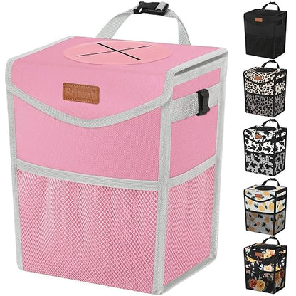 Pritent Car Trash Can with Lid, Cute Leakproof Car Trash Garbage Bag Hanging Vehicle Trash Bin Small Portable Automotive Garbage Cans Organizer for Back/Front Seat/Console(2.8 gal,Pink