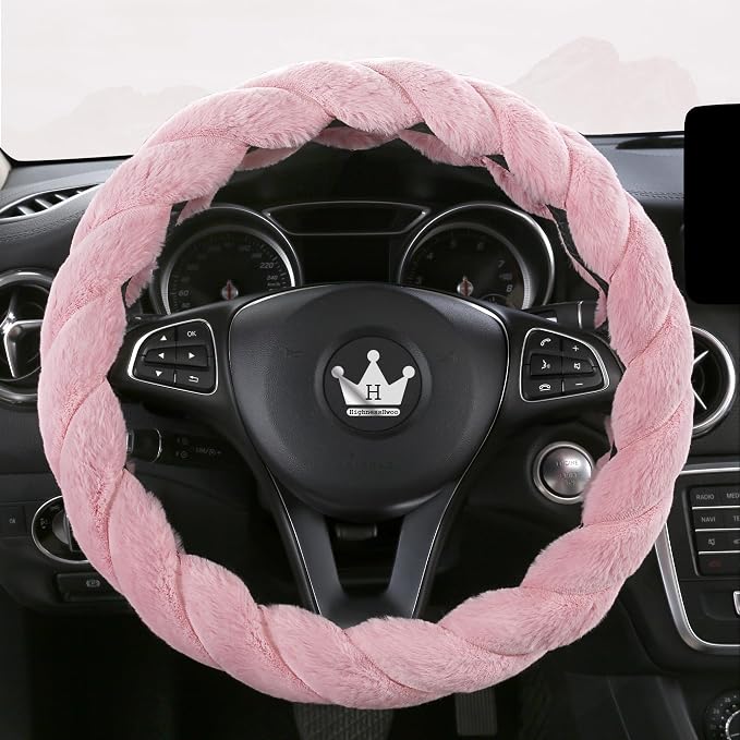 HighnessHwoo Luxury Fluffy Winter Car Steering Wheel Cover for Women Soft Warm Plush Cute Auto Accessories for Vehicle, Sedan, Universal, Fuzzy, Anti Slip, Pink, Standard Size, 14.75-15.15"