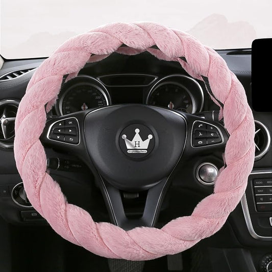 HighnessHwoo Luxury Fluffy Winter Car Steering Wheel Cover for Women Soft Warm Plush Cute Auto Accessories for Vehicle, Sedan, Universal, Fuzzy, Anti Slip, Pink, Standard Size, 14.75-15.15"