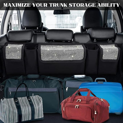 eing Car Trunk Organizer and Storage, Backseat Hanging Organizer for SUV, Truck, MPV, Waterproof, Collapsible Cargo Storage Bag with 5 Pockets, Bling Car Interior Accessories for Women,White