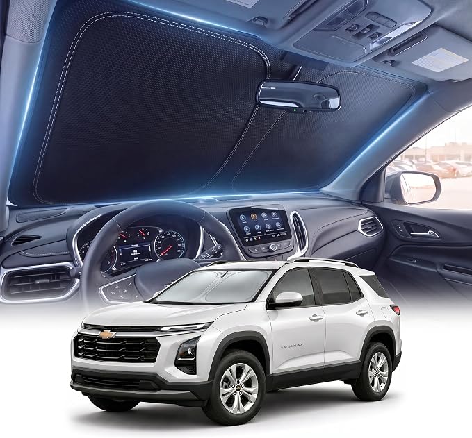 DMJN Front Windshield Sun Shade for Che-vrolet/Chevy Equinox (2018-2026), [Nano Ice-Crystal Coatings] UPF50+ Heat & UV Block, Protect Car Interior & Keep Cool, Flodable Steel-Ring Car Cover for Summer