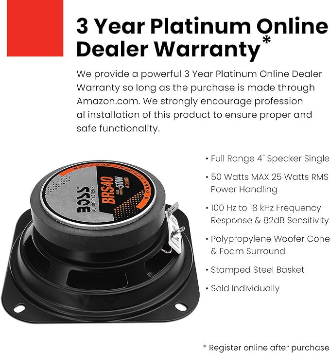 BOSS Audio Systems BRS40 4 Inch Replacement Car Door Speaker - 50 Watts Max, Sold in Individually