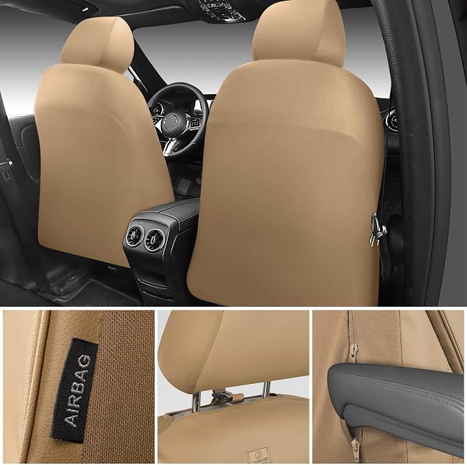 CAR PASS 3D Foam PU Leather Car Seat Covers Front Seats,Tan Faux Leather Front Seat Covers for Cars, Universal Fit for SUVs Trucks Vans Sedans Automotive, Armrest Airbag Compatible,Beige