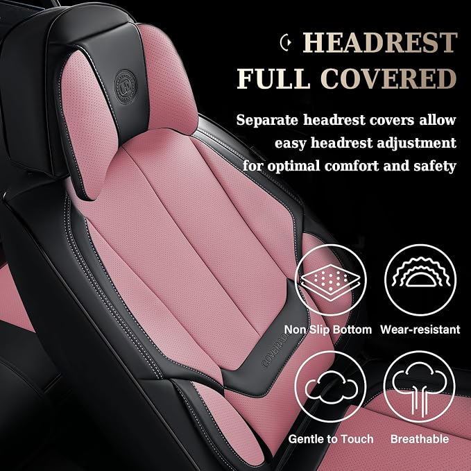 Coverado Universal Seat Covers Front, Universal Seat Covers for Cars, 2-Pack Waterproof Nappa Leather Car Seat Covers with Head Pillow, Auto Protectors Fit for Most Sedans Pick-up Truck-Black&Pink