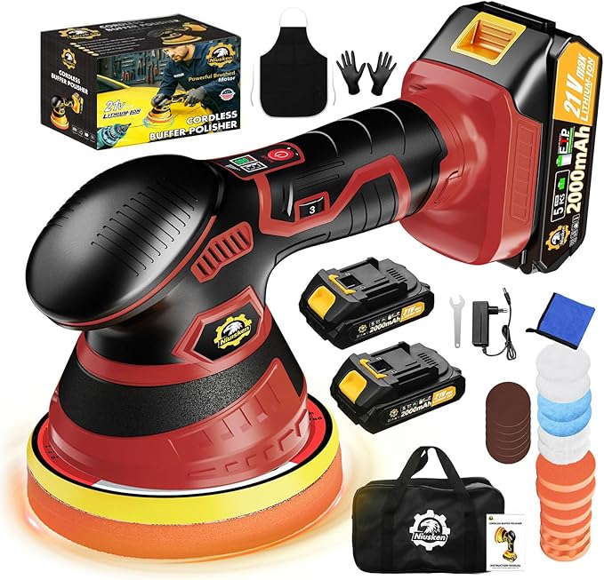 Cordless Car Buffer Polisher kit [2x 2000mAh 21V Batteries & 18 PCS Attachments] 6-Speed Orbital Design, LED Display, Lightweight Detailing Tool for Waxing, Polishing & Scratch Removal-Red