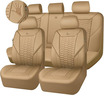 CAR PASS 3D Foam PU Leather Car Seat Covers Full Set,Tan Breathable Faux Leather Seat Covers for Car,Anti Slip Universal Fit for SUVs Vans Sedan Truck Automotive,Armrest Airbag Compatible All Beige