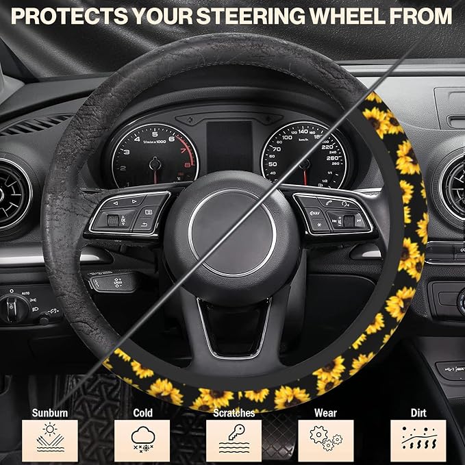 Steering Wheel Cover Sunflower Steering Wheel Cover Car Accessories Universal 15 Inch Neoprene Auto Interior Decor Anti Slip Sweat Absorption Car Protector for Women Girls Adults