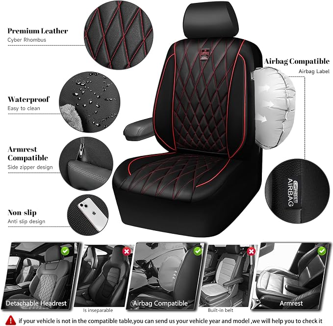 CAR PASS Piping Luxury PU Leather Two Front Car Seat Covers, Waterproof Anti Slip Seat Covers Compatible with Front Seat Armrests,Universal Fit for Suvs,Vans,Trucks,Airbag Compatible(Black and Red)