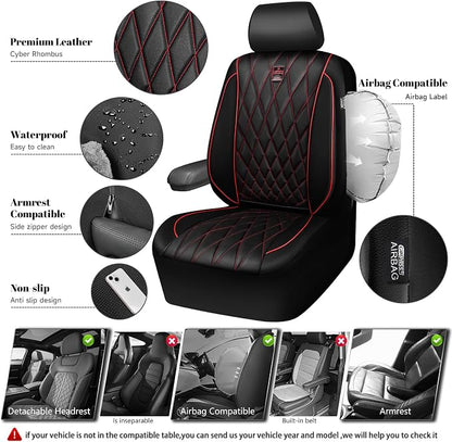 CAR PASS Piping Luxury PU Leather Two Front Car Seat Covers, Waterproof Anti Slip Seat Covers Compatible with Front Seat Armrests,Universal Fit for Suvs,Vans,Trucks,Airbag Compatible(Black and Red)