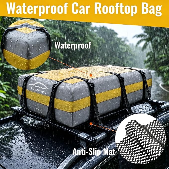 21 Cubic Feet Car Roof Cargo Carrier Bag, Waterproof Rooftop Bag for All Vehicle with/Without Racks, Soft Roof Top Storage Box with Anti-Slip Mat, 6 Door Hooks, Luggage Lock, Gray Yellow