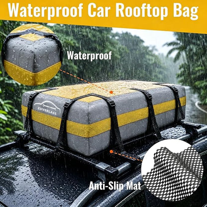21 Cubic Feet Car Roof Cargo Carrier Bag, Waterproof Rooftop Bag for All Vehicle with/Without Racks, Soft Roof Top Storage Box with Anti-Slip Mat, 6 Door Hooks, Luggage Lock, Gray Yellow