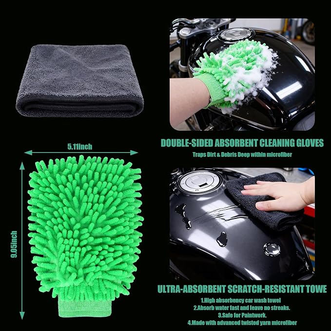 13PCS Motorcycle Cleaning Kit, Motorcycle Detailing Kit Overall Cleaner Tools Car Washing Brush Rims Cleaning Kit Chain Tire Wheel Brush Set Chain Tire for Car Bike Motorbike (Green)