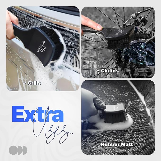 Crystal Clean Tire Brush for Wheels, Rims & Mats - Nylon Bristle Car Wheel Brush for Detailing Carpet & Tires - Durable, Non-Slip Handle Tire Scrub Brush for Bikes, Trucks & Everything in Between