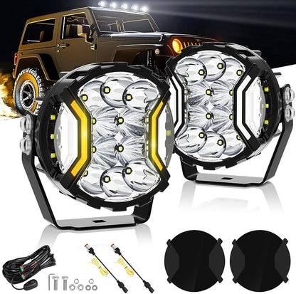 MICTUNING 5" Side Shooter Light Bar, 5Inch 180W Round Offroad Lights LED Pods 24163LM, Amber DRL & Spotlight Dual Color 270° Wider Off Road Lighting with Protective Covers, Pair