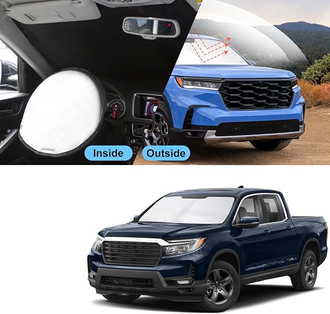 TINGLU Sun Shade for Honda Ridgeline Crew Cab 2017-2024 2025 2026 Accessories Windshield Sun Shade Window Shade UV Rays Protection Sun Visor Cover with Steering Wheel Sunshade Storage Bag