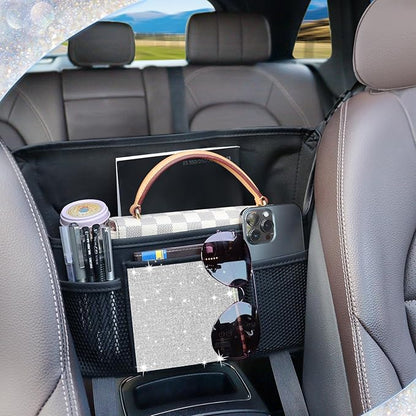 White Diamand Car Handbag Holder Between Seats Bling Crystal Car Storage Bag Large Capacity Purse Phone Ipad Automotive Consoles Organizer Safe Barrier of Backseat Pet Kids