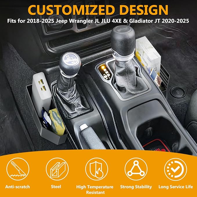 Upgrade Metal Gear Shift Center Console Organizer for Jeep Wrangler Accessories and Jeep Gladiator JL JLU 2026 2025 2024 2023 2022-2018 Rubicon Sahara 4xe Storage Box Tray,Flag Logo (Not for JK/JKU)