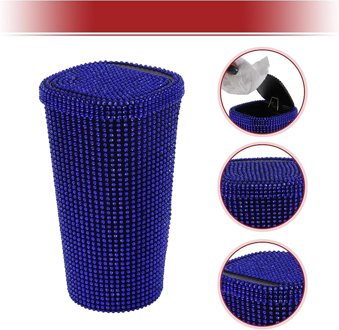 ACROPIX Car Trash Can Trash Bin Rhinestones Portable 3.5" Length 3.5" Width 6.3" Height Blue Rhinestone Plastic