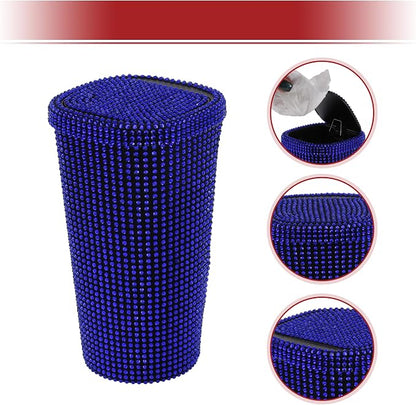 ACROPIX Car Trash Can Trash Bin Rhinestones Portable 3.5" Length 3.5" Width 6.3" Height Blue Rhinestone Plastic