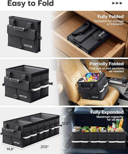 HOTOR Car Trunk Organizer - Trunk Organizer for SUV with Removable Cooler Bag, Foldable Cover, 3 Compartment Car Storage Essential Car Accessories for Truck, Van & Sedan, Black, 37.0" x 14.6" x 12.0"
