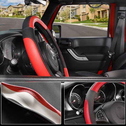 SEG Direct Car Steering Wheel Cover for F-150 Tundra Range Rover 15.5-16 inch, Black and Red Microfiber Leather