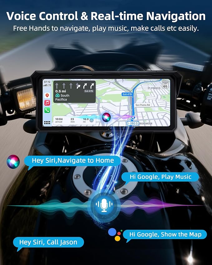 8.1 Inch 4K Motorcycle CarPlay Screen w 4K Dash Cam Wireless Carplay Android Auto Screen for Motorcycle with GPS Navigation Voice Control WiFi Video Dual Bluetooth IPX7 Waterproof Wired Control