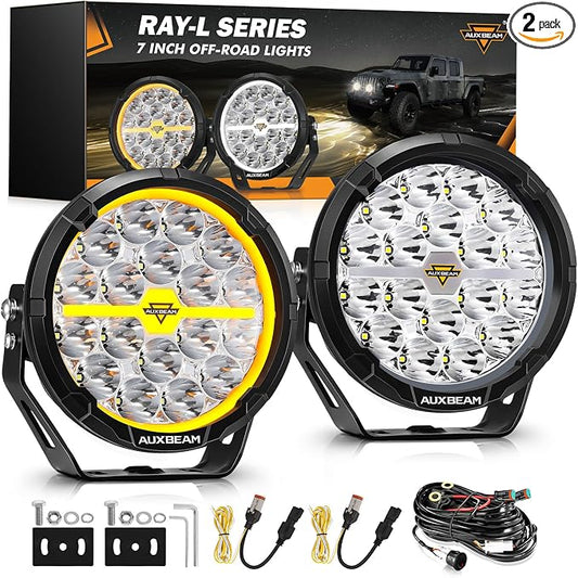 Auxbeam RAY-L Series 7 Inch Round Offroad Light with Amber White DRL 240W 25800LM LED Driving Pods Light Bar Spot Beam Spot Lights Offroad Lighting for Front Bumper
