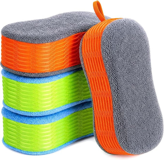 4 Pack Microfiber Car Wash Sponges, Dual-Sided Scrub Pad Multi-Purpose for Auto Detailing, Household Cleaning, Bathroom, Kitchen, Bike, Boat(Green & Orange)