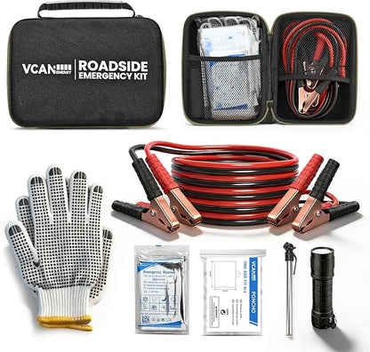 Car Emergency Safety Kit Bag with Jumper Cables, Tire Pressure Gauge, Auto Vehicle Safety Road Side Assistance Kits Essentials,for Women, Men, Teen (Green)