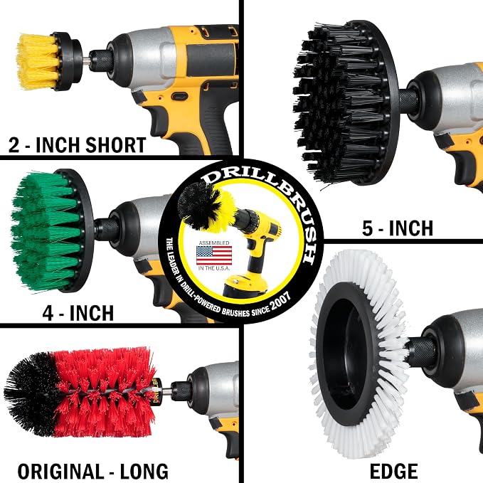Drillbrush Multi-Surface Drill Brush Attachments Set for Car Interior, Bathroom, Flooring, Counters, Sinks, Siding, Garages, and More - Dishwasher Safe Drill Brush Car Detailing Kit Attachment Set