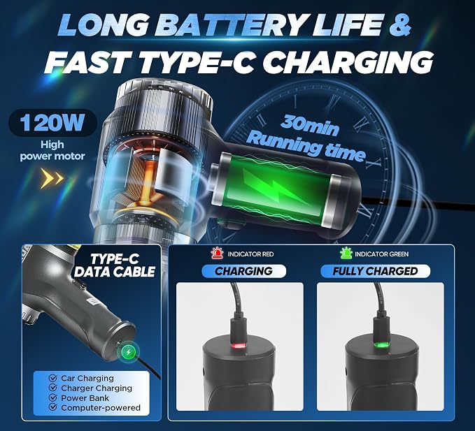 Handheld Vacuum Cordless-3 in 1 Car Vacuum Cleaner High Power-Brushless Motor 12000PA,Super Suction Power Vacuums-Cable-Small, Portable and Rechargeable Cleaner for Car