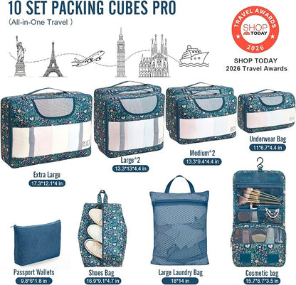Veken 10 Set Packing Cubes for Travel Essentials,Anti-Wrinkle Buckled Suitcase Organizer for Shoe & Toiletry Bag,Carry On Luggage Bag with 99+ Count Mesh Holes for Airplane & College Dorm Accessories