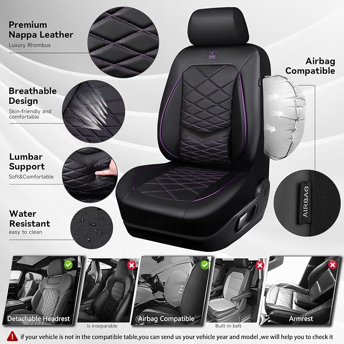 CAR PASS Luxury Nappa Leather Front Seat Covers, Water Resistant 3D Foam Seat Covers with Lumbar Support, Breathable Auto Seat Cover Airbag Compatible Universal Fit Sedan SUV Van Truck, Black Purple
