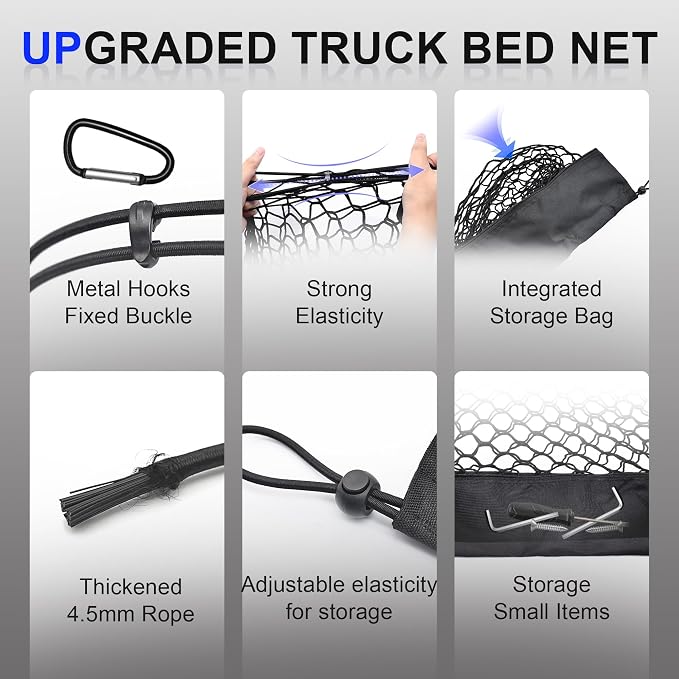 Truck Bed Cargo Net for Toyota Tacoma 2005-2024, Envelope Style Pickup Cargo Net with Storage Bag, Heavy Duty Elastic Mesh Organizer with Carabiners, Secures Groceries & Gear