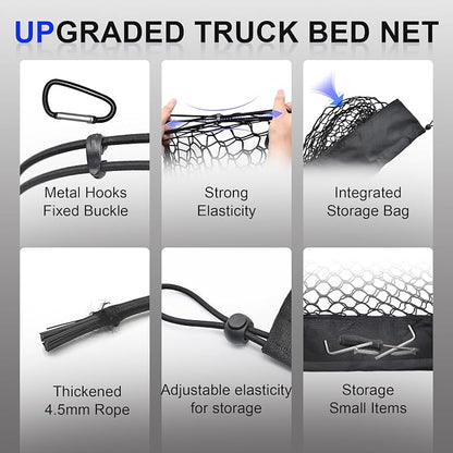 Truck Bed Cargo Net for Toyota Tacoma 2005-2024, Envelope Style Pickup Cargo Net with Storage Bag, Heavy Duty Elastic Mesh Organizer with Carabiners, Secures Groceries & Gear