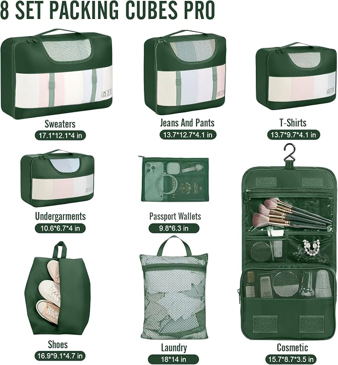 Veken 8 Set Packing Cubes for Travel Essentials,Anti-Wrinkle Buckled Suitcase Organizer for Shoe & Toiletry Bag,Carry On Luggage Bag with 99+ Count Mesh Holes for Airplane & College Dorm Accessories