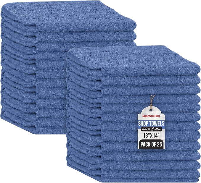 Shop Towels (Blue, 25-Pack) - Bulk Cleaning Towel in a Bag, Mechanic Cotton Wipes for Car Maintenance, Auto Mechanics & Garage, Wipe Grease & Oil, Machine Wash & Reusable