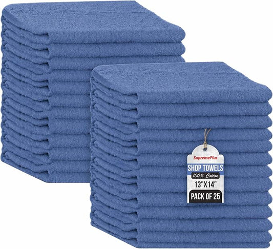Shop Towels (Blue, 25-Pack) - Bulk Cleaning Towel in a Bag, Mechanic Cotton Wipes for Car Maintenance, Auto Mechanics & Garage, Wipe Grease & Oil, Machine Wash & Reusable