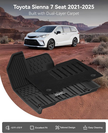 3W Floor Mats with Front Carpet Compatible for Toyota Sienna 2021-2026 7 Seat, TPE All Weather Custom Fit Floor Liner for Toyota Sienna 1st, 2nd and 3rd Row, Black (Not Fit 2025 2026 Platinum Edition)