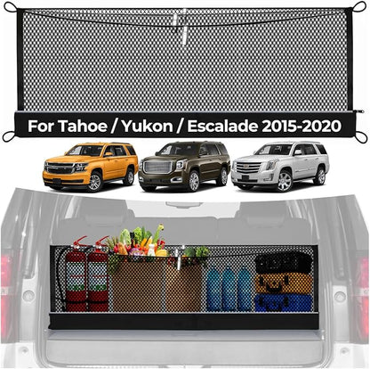 3-Layer Cargo Net for Chevrolet Tahoe/GMC Yukon/Cadillac Escalade 2015-2020, Zoned Storage Trunk Net with Zippered Bottom Bag, Heavy-Duty Cargo Organizer Netting for Camping, Trips & Everyday Use