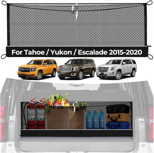 3-Layer Cargo Net for Chevrolet Tahoe/GMC Yukon/Cadillac Escalade 2015-2020, Zoned Storage Trunk Net with Zippered Bottom Bag, Heavy-Duty Cargo Organizer Netting for Camping, Trips & Everyday Use