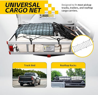 MaxxHaul Heavy-Duty Cargo Net – 44" x 16" Stretches to 88" x 32" – Tight 4" Mesh with 8 PP Hooks – Truck & SUV Bed Net, Trailer & Roof Rack Cargo Accessory