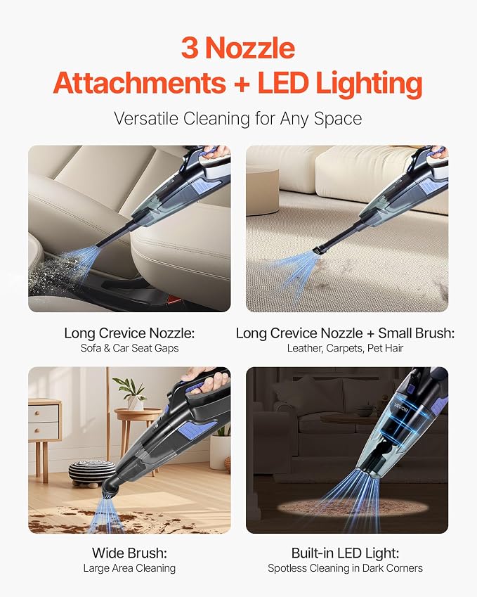 VEVOR Handheld Vacuum, Portable Vacuum Cleaner Cordless with HEPA Filter and Brushes, Lightweight Hand Held Cleaner with Powerful Suction, for Car, Home, Office, Pet Hair