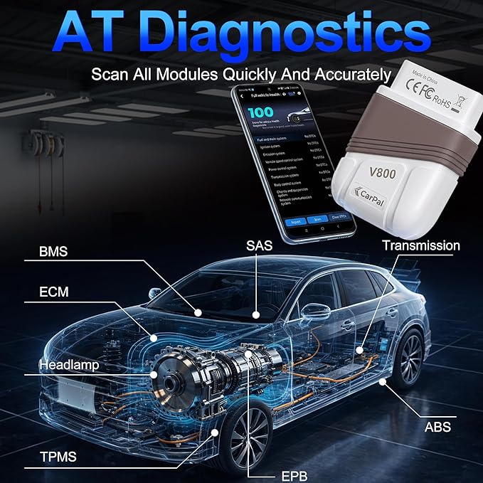 OBD2 Scanner Bluetooth, Engine AT ABS SRS Diagnostic Tool for iOS Android, Private Protocol Automotive Diagnostic Tool, Car Code Analysis Repair Advice with Free App