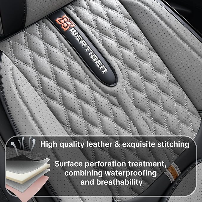 Car Seat Cover Full Set, Universal Car Seat Cover for Cars, Black and Gray, with Lumbar Support, Premium Artificial Leather, Waterproof and Easy to Clean, Airbag Compatible